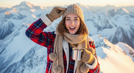 woman enjoying a hot drink while standing on snowy mountains wearing cozy winter clothing with scarf surrounded by breathtaking snowy landscape