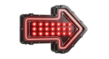 Illuminated red arrow sign with bulbs