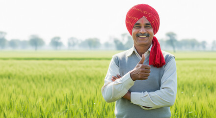 proud Indian farmer in a lush green wheat field wearing a red turban and giving a thumbs-up with a confident smile on a bright sunny day