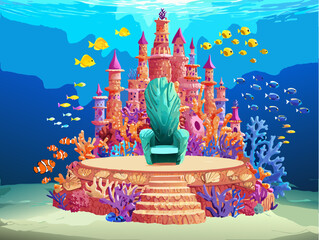 Magical underwater kingdom castle throne surrounded by colorful fish and coral reefs in ocean depths
