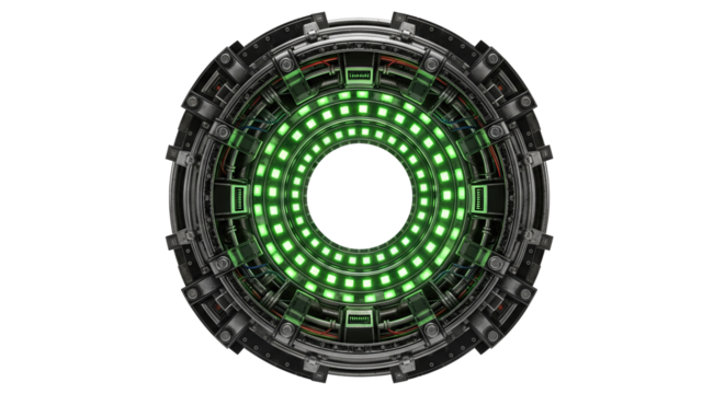 Circular metallic structure with green led lights on black background