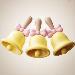 Three Yellow Cartoon Bells with Pink Bows and Wooden Handles