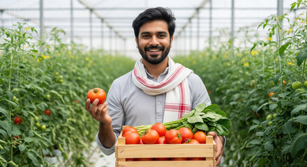 Indian farmer in a greenhouse holding a wooden basket filled with fresh tomatoes and green leafy vegetables surrounded by lush plants
