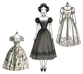 vintage lady paper doll model black and white sketch vector illustration