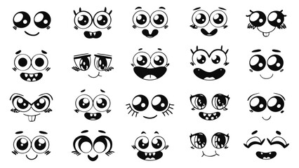 A collection of hand-drawn cartoon faces inspired by fantasy characters like fairies, wizards, dragons, and elves