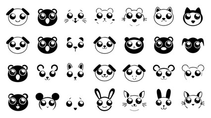 Obraz premium A cute assortment of cartoon animal faces with expressive eyes and simple mouth shapes, include cats, dogs, bears, and rabbits, showing happiness, curiosity, and surprise.
