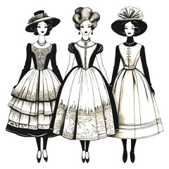 lady models in traditional clothing vector pencil sketch illustration