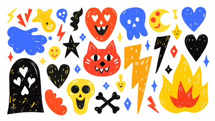 Punk cartoon doodle sticker collection with pencil rough texture. Hand drawn colorful vector tattoo illustrations. Funky black cats, rock'n'roll skulls, mystical eyes.