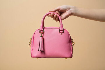 A Stylish Pink Handbag Held by a Hand Against a Neutral Background, Emphasizing Feminine Accessories and Personal Style for Everyday Use and Special Occasions