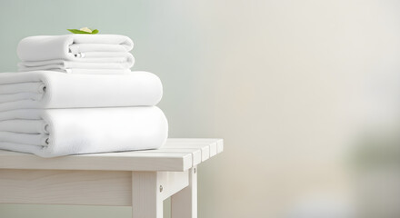 A stack of neatly folded white towels sits on a white wooden table, with a small green leaf on top.