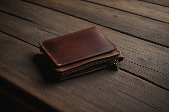 Elegante braune Ledergeldb&ouml;rse auf einer rustikalen Holzoberfl&auml;che &ndash; Symbol f&uuml;r Luxus und Stil