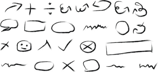Collection of hand drawn doodle symbols and icons including arrows mathematical signs shapes and faces on white background