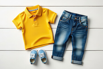 A Stylish Outfit for a Young Boy Featuring a Yellow Polo Shirt, Blue Jeans, and Matching Sneakers on a Clean White Wooden Surface, Perfect for Casual Wear
