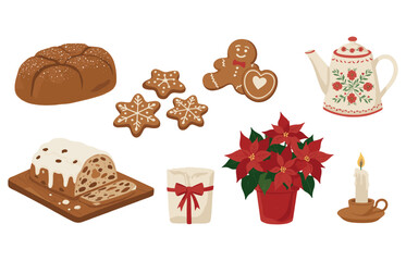 Festive holiday baking and decor icons for celebrations and design