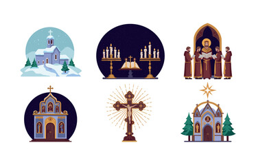 Winter church scenes and religious icons for spiritual design