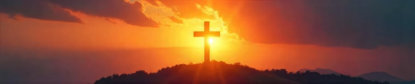 A symbolic depiction of Christian salvation; a cross silhouetted against a radiant sunrise, conveying hope, redemption, and new beginnings ,  Christ,  mercy,  salvation