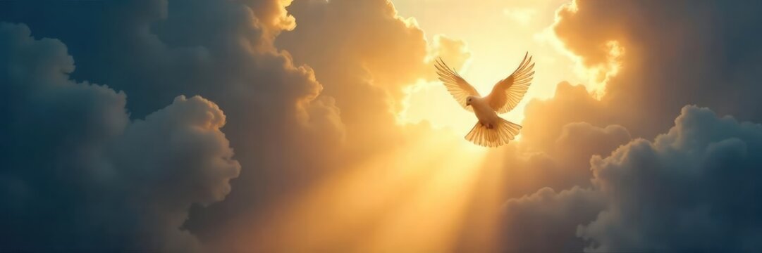 A symbolic image depicting Christian salvation; a dove descending, light rays breaking through dark clouds, representing hope, redemption, and spiritual awakening , forgiveness, light