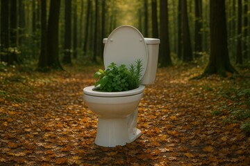 Eco-Friendly Toilet Planted With Greenery Growing In Autumn Forest Outdoors