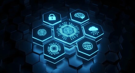 Hexagonal icons representing AI and technology concepts