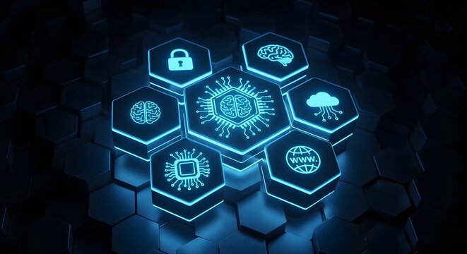 Hexagonal icons representing AI and technology concepts