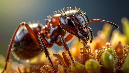 Fototapeta premium Close-up of an ant with intricate details, dew drops, and vibrant colors