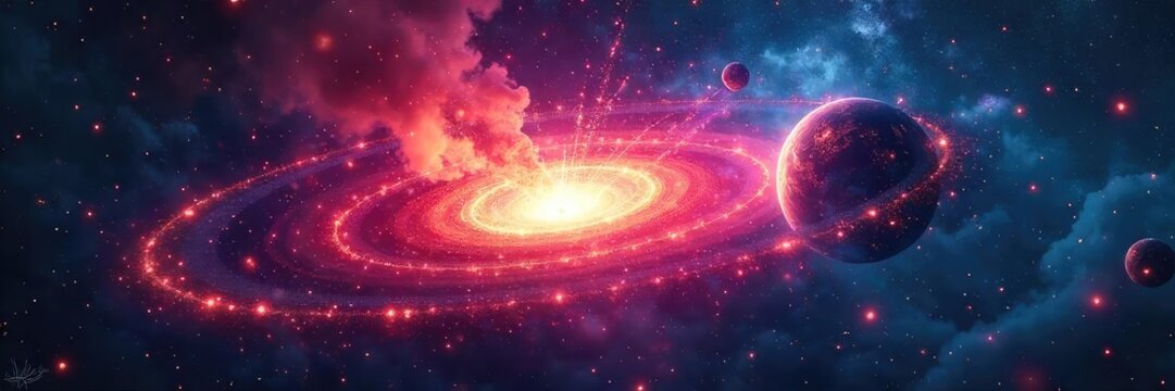 A vibrant, alien planet explodes with colorful fireworks, illuminating a dark, starry sky Spectacular celestial display, otherworldly beauty, cosmic event , vivid, darkness, dark