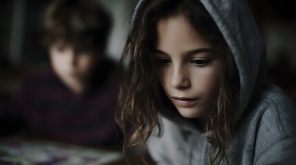 Fototapeta premium A young girl in a hoodie looks down thoughtfully while a sibling sits in the blurred background at home