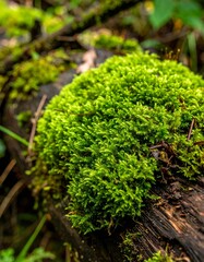 Haircap moss growing in dense green clumps on rotting log in shaded rainforest environment