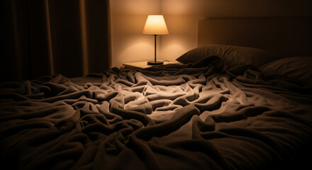 Moody, unmade bed in a dark room with a lamp.
A moody and atmospheric shot of an empty, heavily rumpled bed in a dark bedroom. 