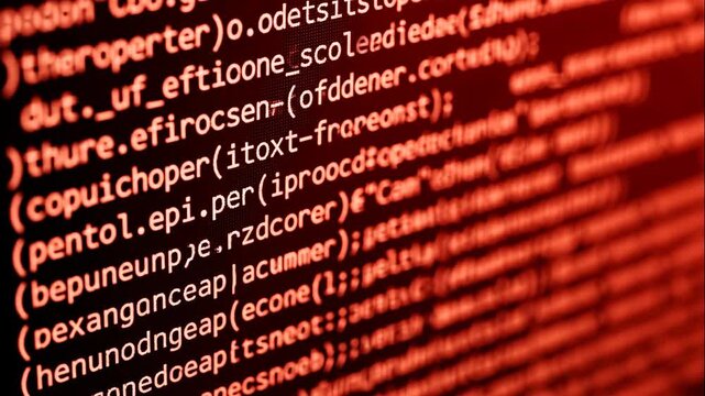 Red computer code scrolling quickly on a screen. Close-up of a programming script representing a system error or virus. Hacking and cybersecurity threat concept