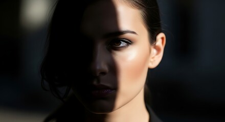 Fototapeta premium Dramatic Portrait of a Woman with Striking Light and Shadow Contrast.