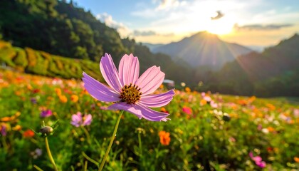 Fototapeta premium A close-up of a pink flower is in focus, set against a backdrop of colorful wildflowers and rolling hills at sunset