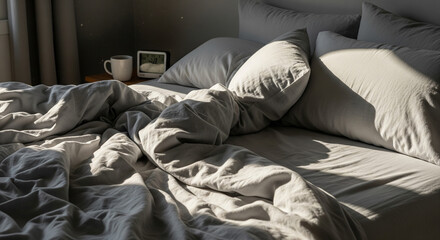 Messy grey bed with coffee mug in bright morning sunlight.
A close-up view of a comfortable, unmade bed with soft grey linens and pillows. The duvet is rumpled, suggesting a recent
