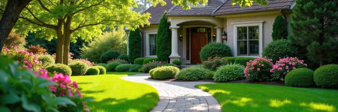 Stunning curb appeal achieved with lush greenery, vibrant flowers, and a meticulously manicured lawn Creates a welcoming and inviting atmosphere for any home , beautiful, spring