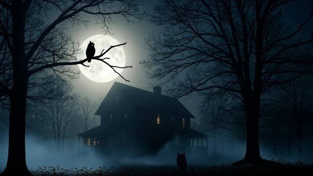 Spooky night scene with a haunted house and an owl silhouetted against a full moon. Animated fog rolls through a dark forest. Halloween horror concept