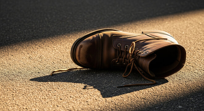 Single brown leather boot lying abandoned on asphalt road in sunlight
A close-up shot of a single, well-worn brown leather boot lying abandoned on a rough asphalt surface