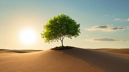 Minimalist survivor a single lush tree stands majestically on the crest of a wide rolling sand hill