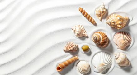 Close-up shot of various seashells scattered on a white sandy surface with gentle waves.