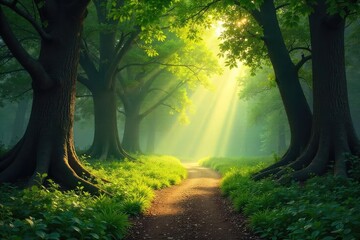Obraz premium Sun-dappled forest path winding through ancient trees, dappled sunlight filtering through leaves, creating a magical atmosphere Perfect for fantasy, fairytale, or nature themes , plants, fall, forest