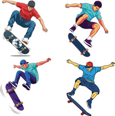Dynamic set of four illustrations featuring young men performing skateboard tricks, capturing the energetic spirit of urban street sport culture