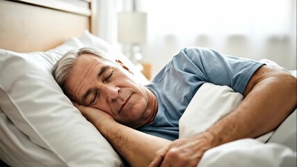 A senior man sleeping soundly in bed. Close-up of an elderly person resting in a bright bedroom. Health, relaxation and retirement lifestyle concept