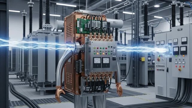 High Voltage Electrical Transformer in Industrial Power Substation with Blue Energy Arcs.