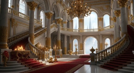 Obraz premium Opulent Grandeur: A stately interior showcases majestic architecture, featuring grand staircases and intricate details. The lavish setting exudes luxury and historical charm.