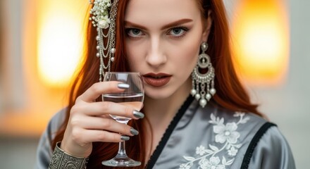 Obraz premium Elegant Reflection: A captivating individual with striking red hair and a sophisticated gaze holds a crystal glass, embodying grace and refinement. 