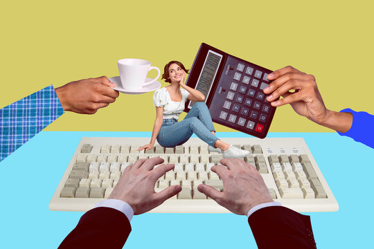 Banner full 3d photo image collage of hands type wireless keypad texting calculator money income coffee cup businessman woman