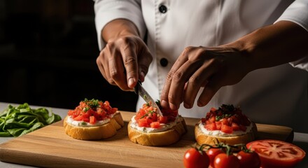 Culinary Craftsmanship: A culinary artisan meticulously crafts delectable bruschetta, demonstrating precision and passion in a gourmet setting.