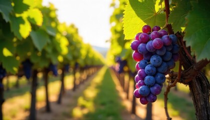Fototapeta premium Sun-dappled Grapes Hanging Heavy on the Vine A Picturesque Vineyard Ready for Autumn Harvest