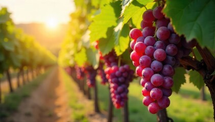 Sunlight streams through leaves onto ripe bunches of red grapes hanging heavy on the vine, ready for harvest A picturesque vineyard scene at the peak of autumn , vine, agricultural