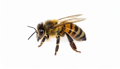 Honey Bee with Yellow Black Stripes Isolated on White Background for Insect Object and Pollinator Concept