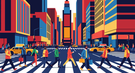 Vector art of busy city streets in manhattan new york with people crossing a crosswalk among tall skyscrapers and taxis, representing urban life, business, and modern city energy © meeblues